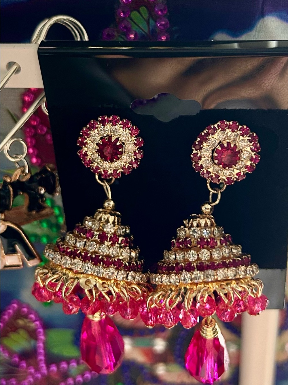 Gold-Tone Pink Crystal Jhumka Earrings - Picture 5 of 7